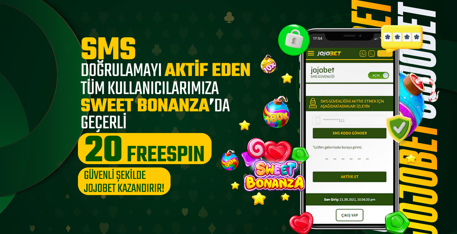 SMS Doğrulamayı aktif edip hesabınızı daha güvenli hale getirin, ayrıca aktivasyon işleminin ardından Sweet Bonanza 20 Freespin hediye!